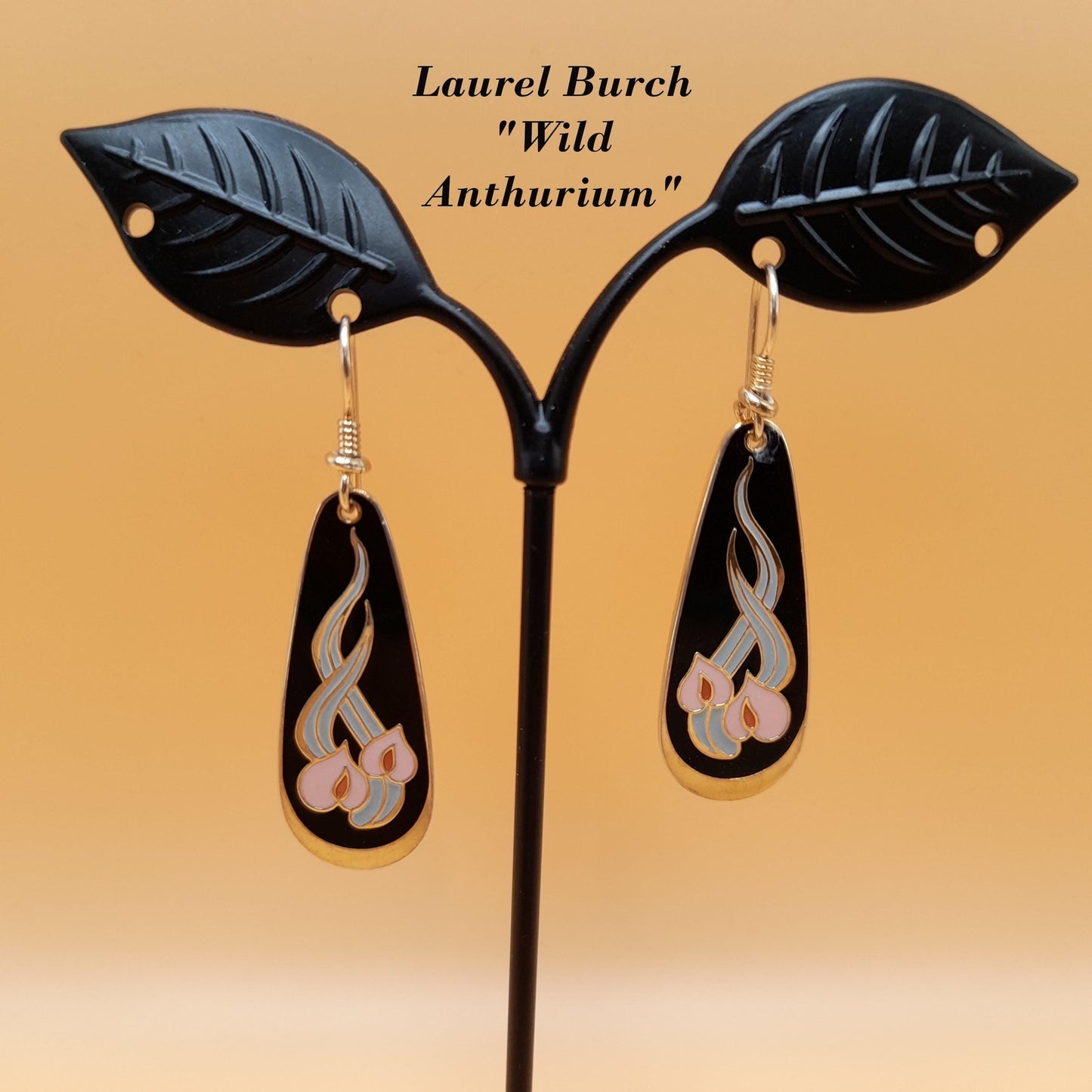 Vintage Laurel Burch "Wild Anthurium" Floral Earrings, Gold Plated, Cloisonné Enamel, 1980s Vintage Jewelry