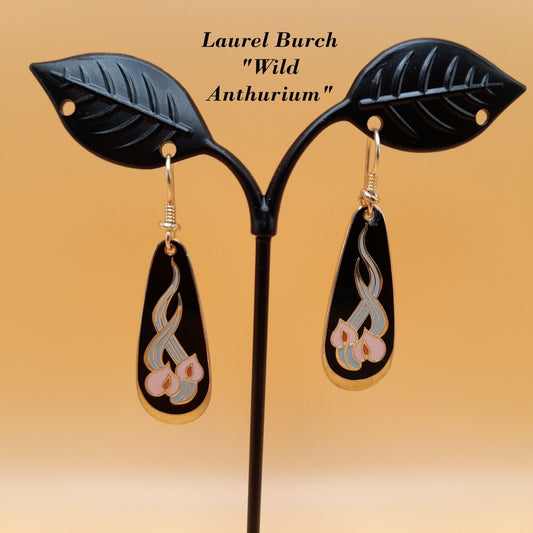 Vintage Laurel Burch "Wild Anthurium" Floral Earrings, Gold Plated, Cloisonné Enamel, 1980s Vintage Jewelry