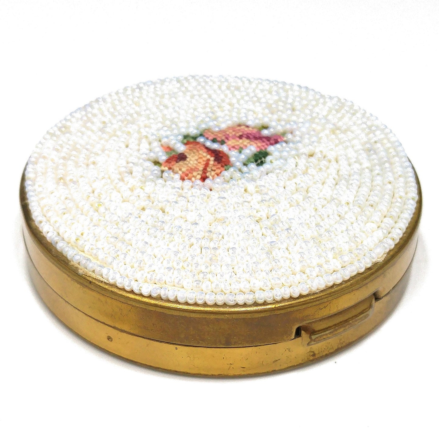 Vintage White Beaded Petitpoint Compact, Schildkraut, Coty Powder, 1950s Vintage Accessory