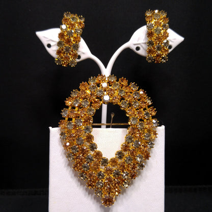 Kramer Vintage Rhinestone Brooch & Clip Earrings Set Topaz Gray Gold Plate 1960s