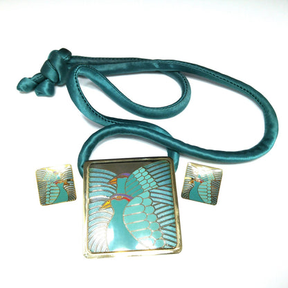 Laurel Burch "Moon Doves" Pendant Necklace & Earrings, Gold Plated, Cloisonné Enamel, 1980s Vintage Jewelry