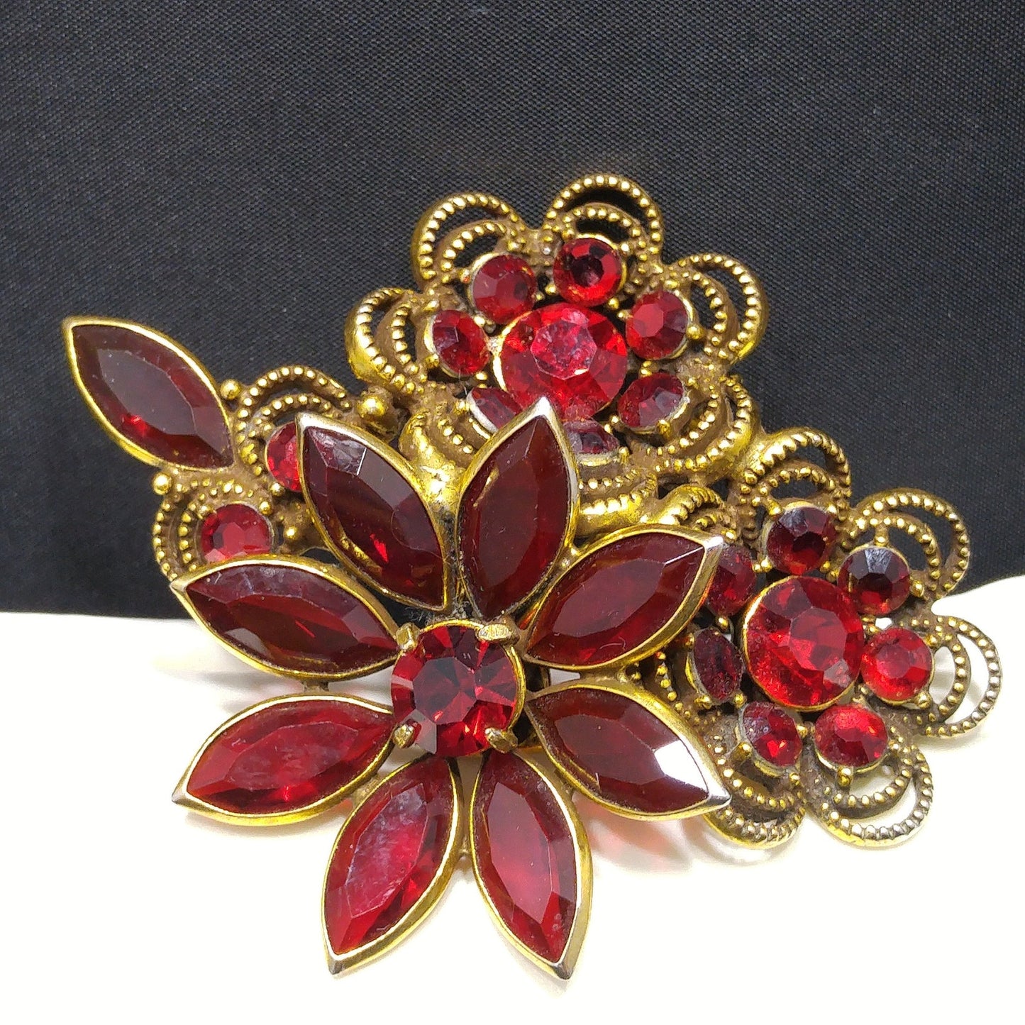 Vintage Red Crystal Rhinestone Floral Brooch, Antique Gold Plated, 1980s Vintage Jewelry