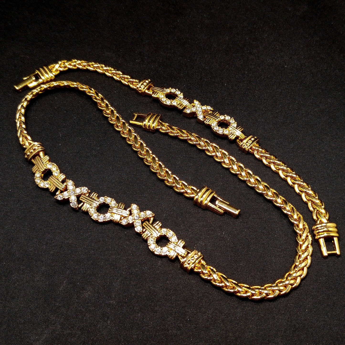 Swarovski Necklace & Bracelet Set – 1980s 1990s Gold Plated XOXO Design with Clear Rhinestones, Signed Swan Logo