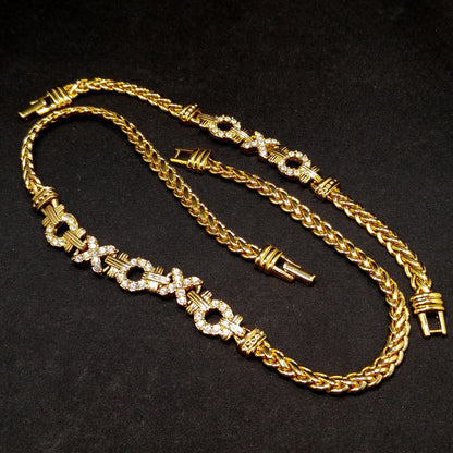 Swarovski Necklace & Bracelet Set – 1980s 1990s Gold Plated XOXO Design with Clear Rhinestones, Signed Swan Logo