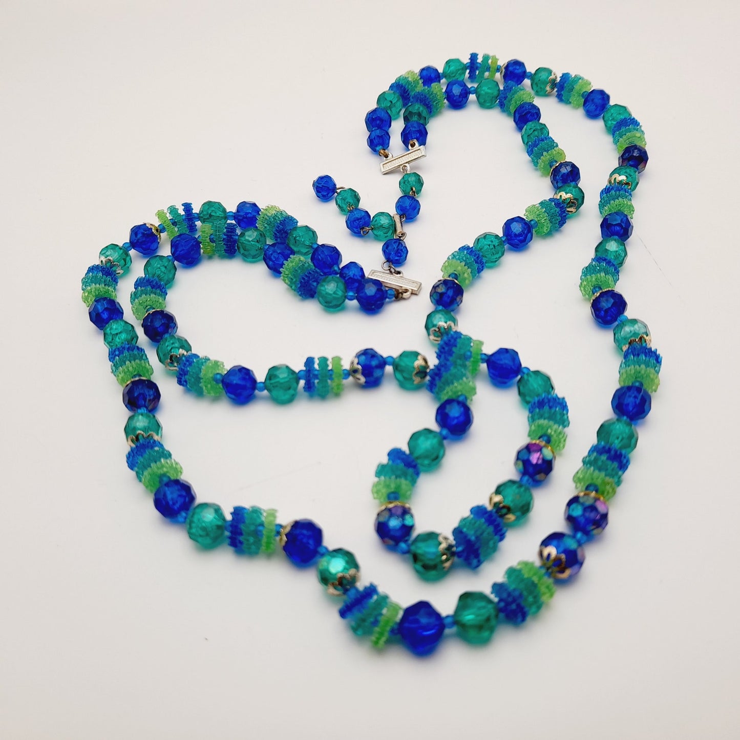 Vintage Hong Kong Early Plastic Two Strand Beaded Necklace, Green Blue Beads