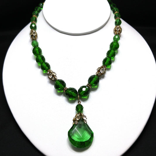 Green Czech Glass Pendant Necklace, Clear Rhinestones, 1950s Vintage Jewelry