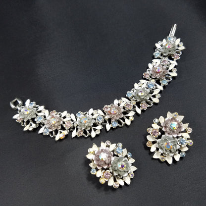 Vintage BSK White Enamel Floral Bracelet Earrings Set Pink Blue AB Rhinestones