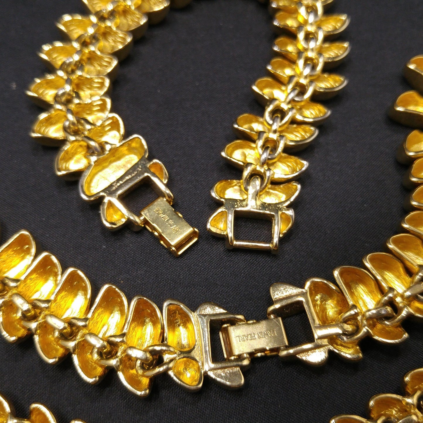 Erwin Pearl Enamel Necklace & Bracelet, Brown Black Enamel, Gold Plate, 1980s Vintage Jewelry