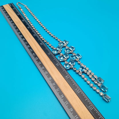 Weiss Blue Clear Rhinestone Necklace, Tassel Pendant, Signed Weissco, 1940s Vintage Jewelry