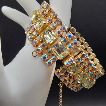 Jonquil Aurora Borealis Rhinestone Wide Bracelet, Gold Plated, 1960s Vintage Jewelry