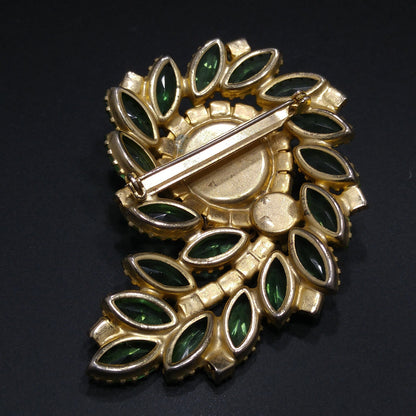 Peridot Green Floral Spray Brooch, Large Green Rhinestone, 1960s Vintage Jewelry