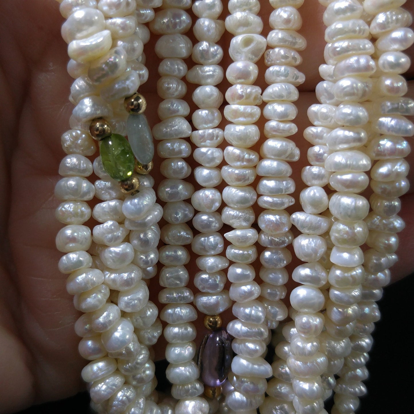 Sand Pearls & Gemstones Long Twisted Necklace, 4 Strands, No Clasp, 1970s Vintage Jewelry