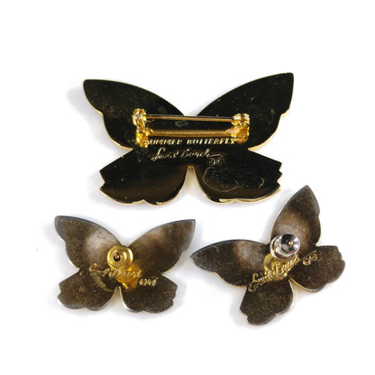 Laurel Burch "Summer Butterfly" Brooch & Earrings, Gold Plated Cloisonne' Enamel, 1980s Vintage Jewelry