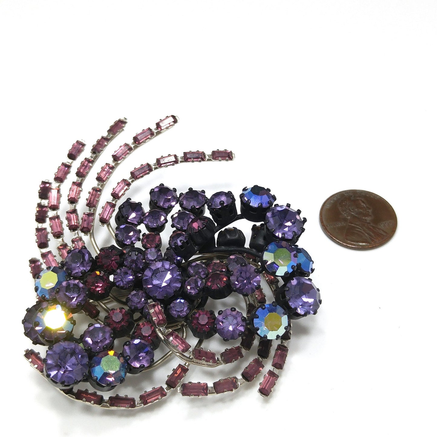 Purple Rhinestone Japanned Made in Austria Brooch, Aurora Borealis, 1960s Vintage