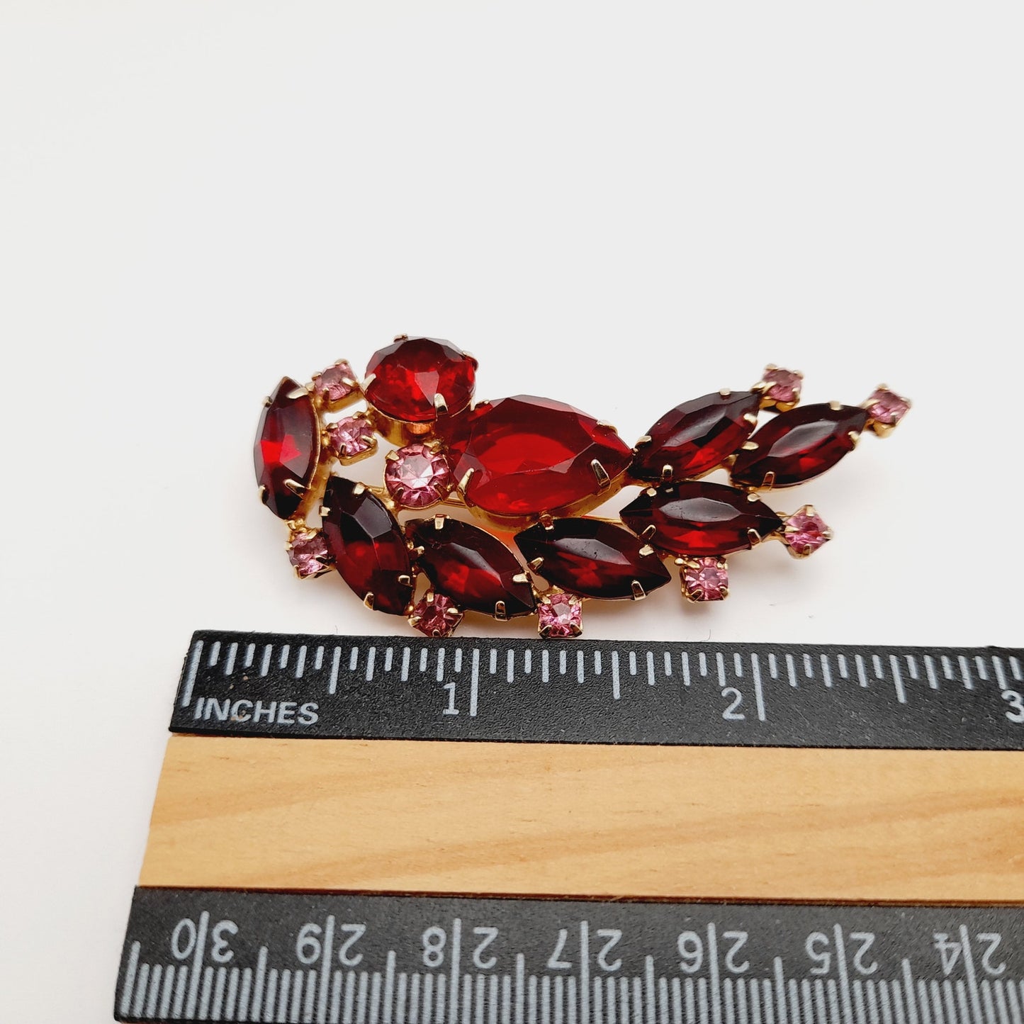 Vintage Red Pink Rhinestones Floral Spray Gold Plated Brooch Pin, 2 1/2 Inches