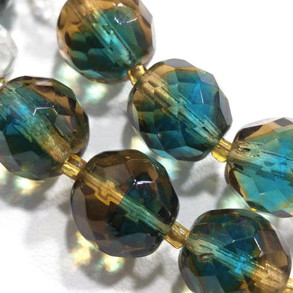 Vintage Czech Two Toned Glass Bead Long Necklace, Teal & Topaz Faceted Beads, 1970s Vintage Jewelry