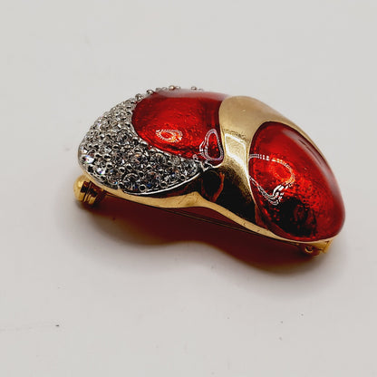 Vintage Red Enamel CZ Heart Brooch Christmas Pin 1.5 Inch European Style