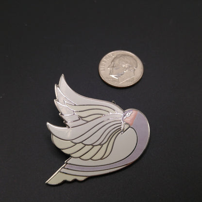 Laurel Burch "Celan" Bird Brooch, Rhodium Plated, White Lavender Enamel, 1980s Vintage Jewelry