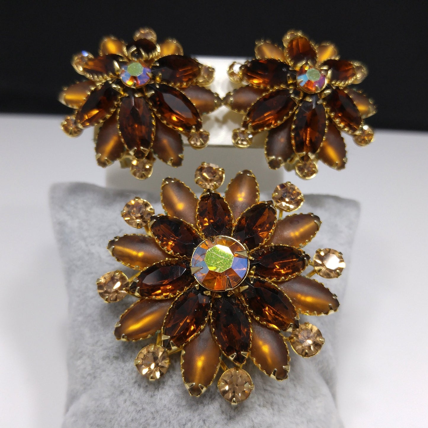 Judy Lee Topaz Rhinestone Brooch & Earrings Set, Gold Plated, Aurora Borealis, 1960s