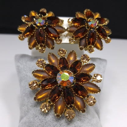 Judy Lee Topaz Rhinestone Brooch & Earrings Set, Gold Plated, Aurora Borealis, 1960s