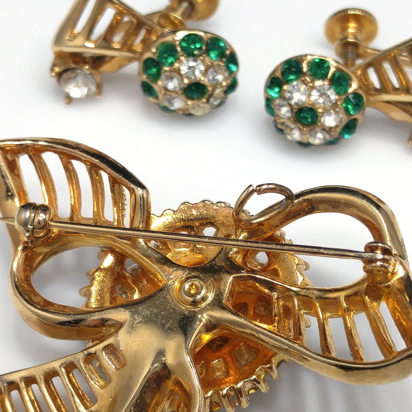 Green Rhinestone Brooch & Earrings, Gold Plated, 1940s Vintage Jewelry