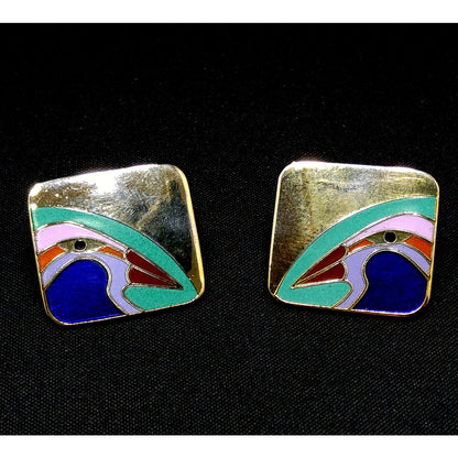 Laurel Burch Bird Post Earrings, Cloisonné Gold Plated, Enamel, 1980s Vintage