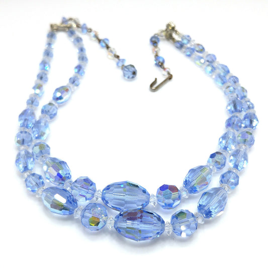 Mid Century Light Blue Oval Crystal Bead Necklace, Two Strands Graduated Sizes, 1950s Vintage Jewelry