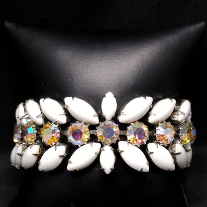 Weiss Milk Glass Bracelet, Aurora Borealis, Rhodium, 1960s Vintage Jewelry