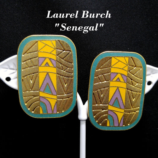 Laurel Burch "Senegal" Large Post Earrings, Cloisonné Gold Plated Enamel, 1980s Vintage Jewelry