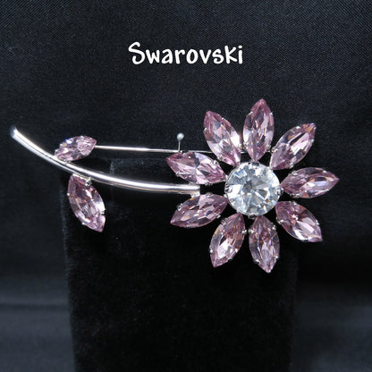 Swarovski Pink Crystal Flower Brooch, Clear Center, Swan Logo