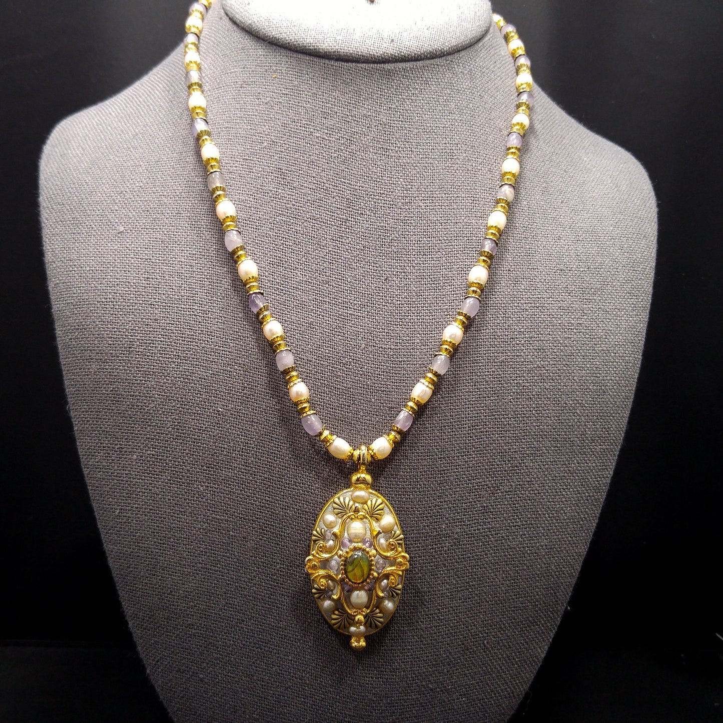 Michal Golan Amethyst Beaded Pendant Necklace, Faux Pearls, Artisan Vintage Jewelry
