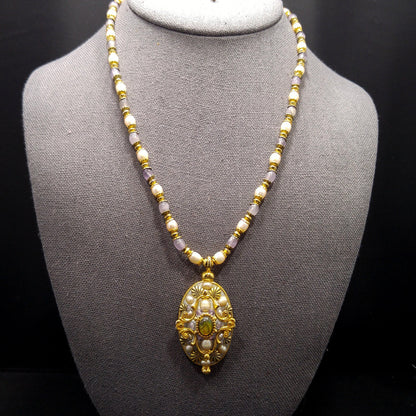 Michal Golan Amethyst Beaded Pendant Necklace, Faux Pearls, Artisan Vintage Jewelry