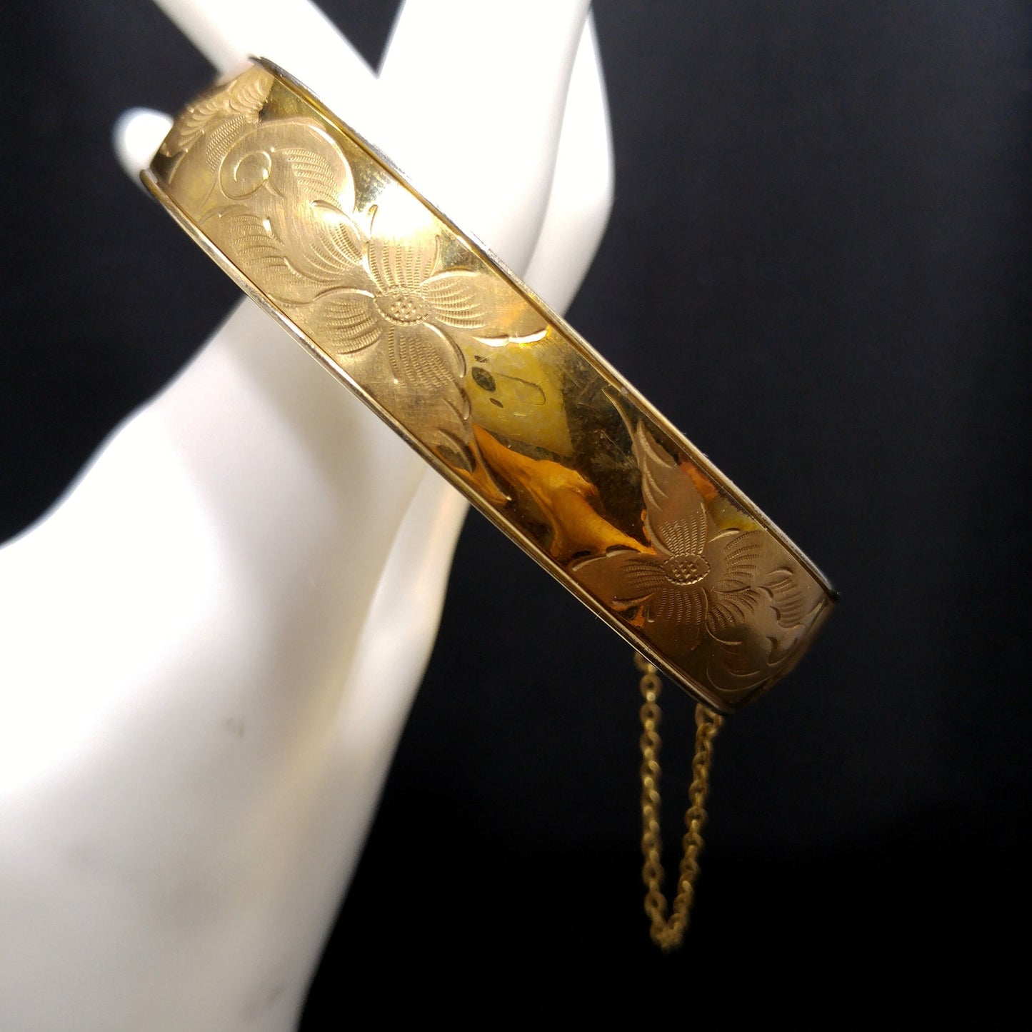 Victorian 12 KT Gold Filled Bracelet, Safety Chain, Floral Embossed, 1930s Vintage Jewelry