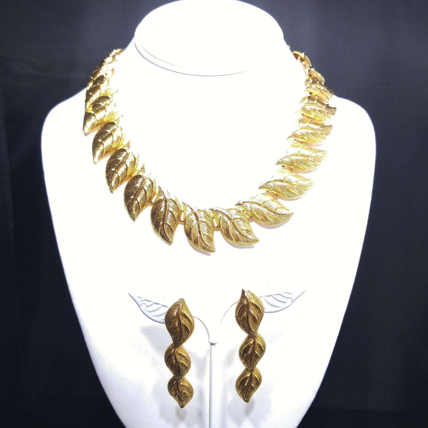Napier Leaf Necklace and Drop Earrings, Post Earrings, Gold Plated, 1980s