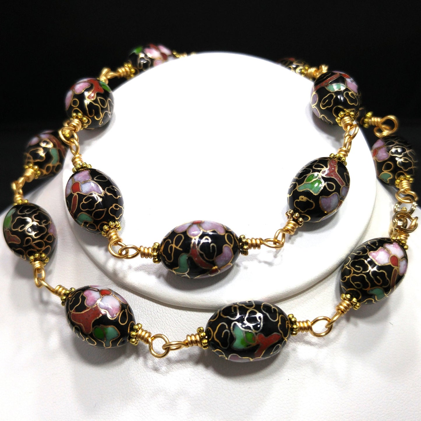 Vintage Cloisonné Beaded Necklace, Hand Wire Wrapped, 1960s Jewelry