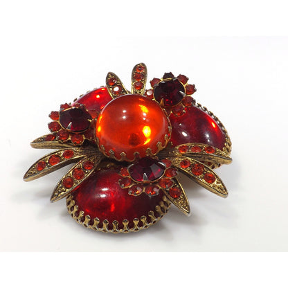 Red Rhinestone Orange Cabs Designer Brooch, Dog Tooth Cabochons, 1960s Vintage Jewelry
