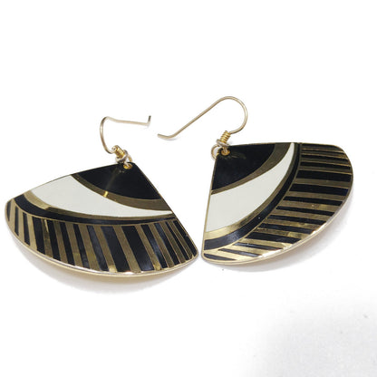 Laurel Burch Geometric Fan Earrings, Black White & Gold, 1980s Vintage Jewelry