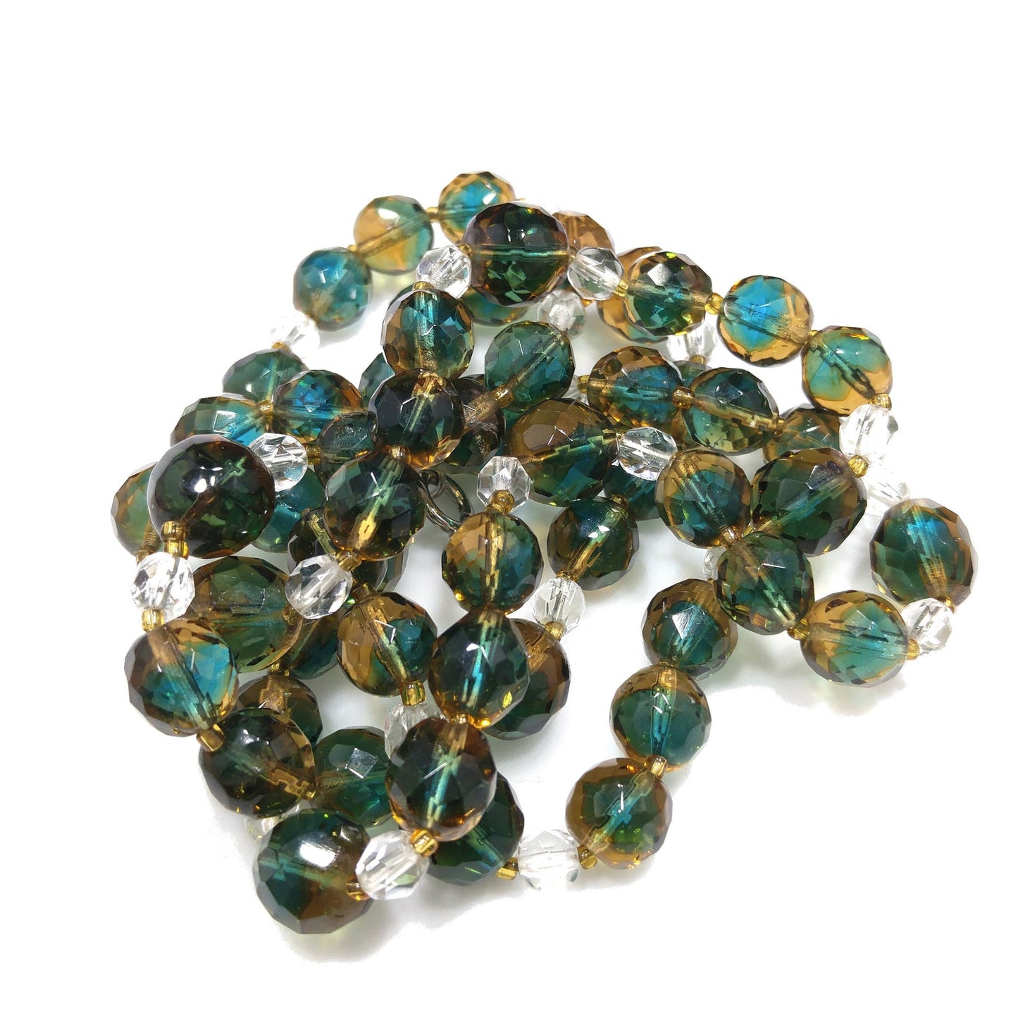 Vintage Czech Two Toned Glass Bead Long Necklace, Teal & Topaz Faceted Beads, 1970s Vintage Jewelry