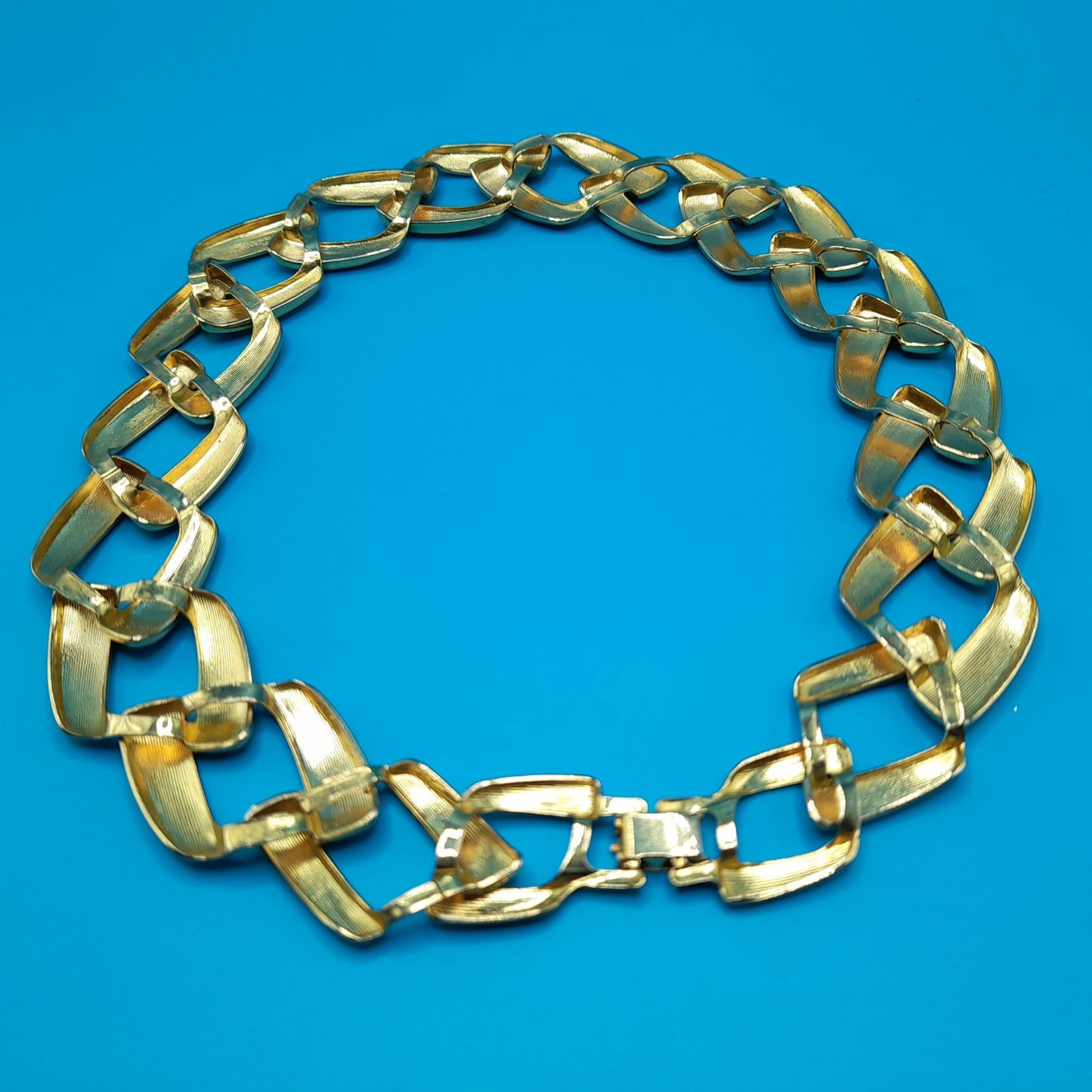 Vintage Chain Choker Necklace, Interlocking Gold Tone, 1980s