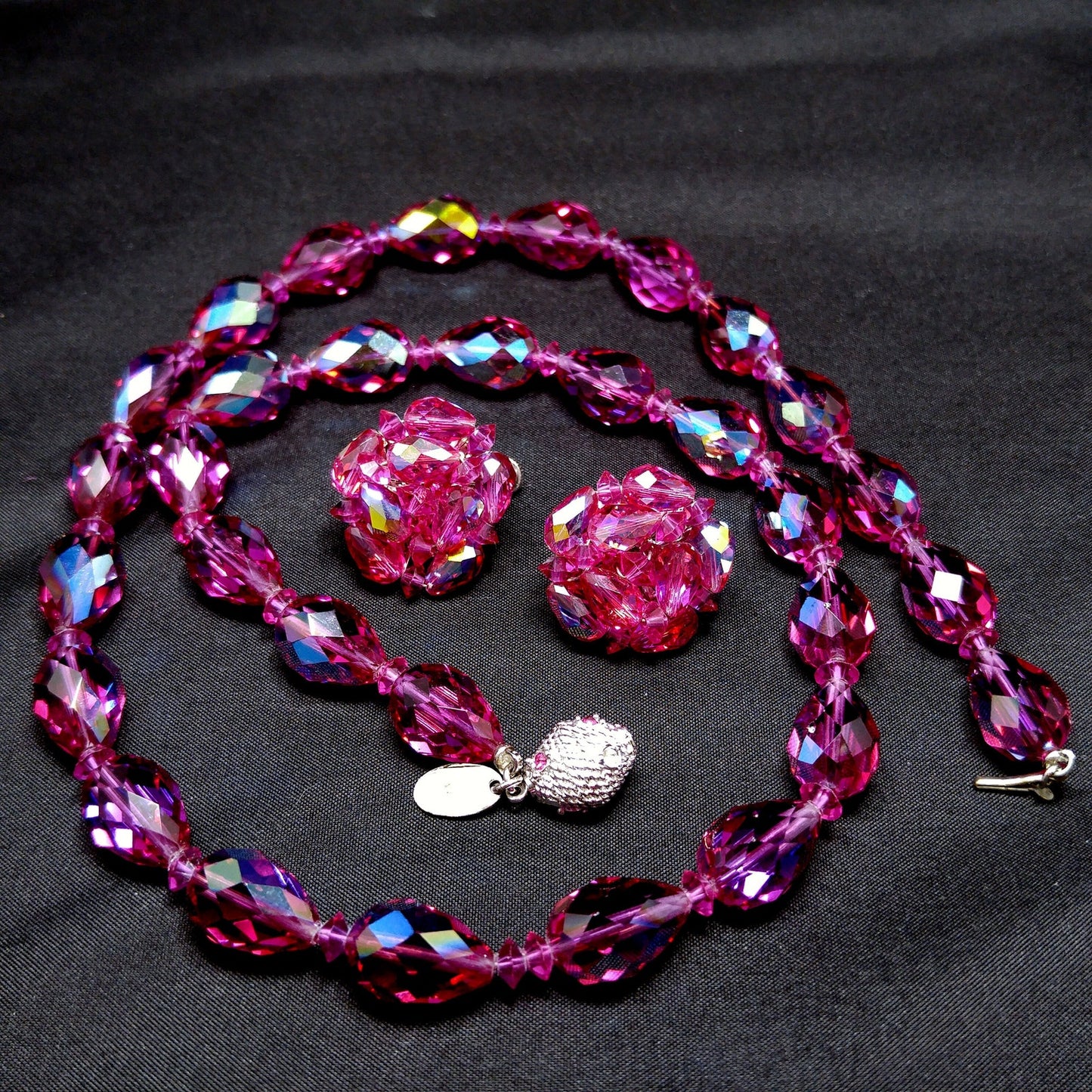 Vendome Hot Pink Crystal Necklace & Clip Earrings Set 1960s AB Teardrop Beads