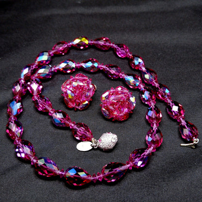 Vendome Hot Pink Crystal Necklace & Clip Earrings Set 1960s AB Teardrop Beads