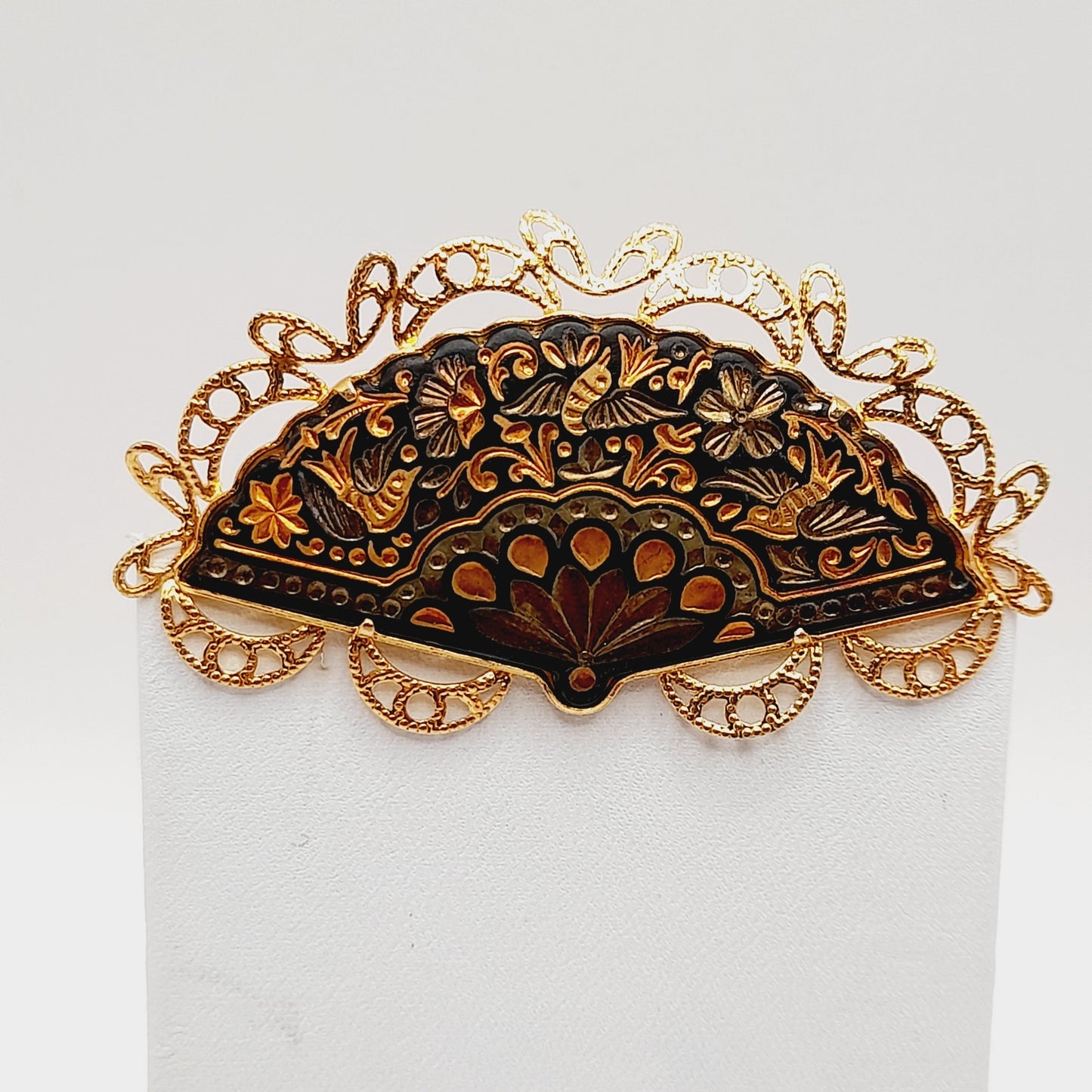 Vintage Damascene Fan Brooch Gold Black Filigree Pin 2.5 Inch