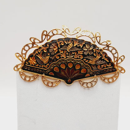 Vintage Damascene Fan Brooch Gold Black Filigree Pin 2.5 Inch