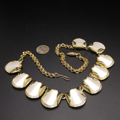 Mid-Century White Moonglow Choker Necklace, Gold Tone, 1950s Vintage Jewelry