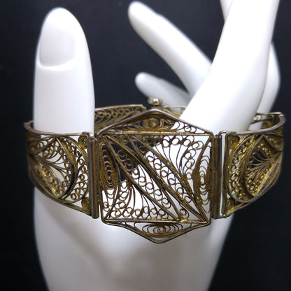 1920s Art Deco Cannetille Filigree Bracelet Gold Vermeil Silver 7 Inch