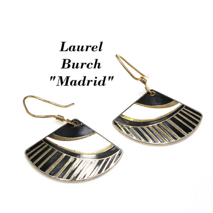 Vintage Laurel Burch Black White Gold Fan Drop Earrings, Gold Plated Enamel