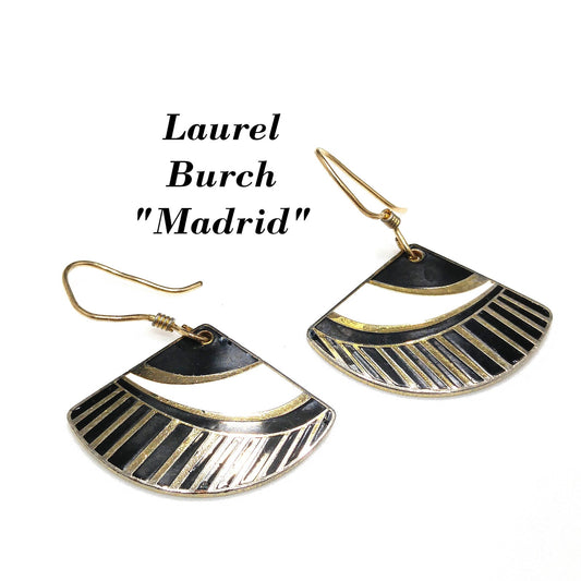 Vintage Laurel Burch Black White Gold Fan Drop Earrings, Gold Plated Enamel