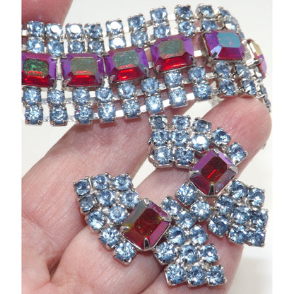Vintage Rhinestone Bracelet Earring Set, Red Aurora Borealis Emerald Cut