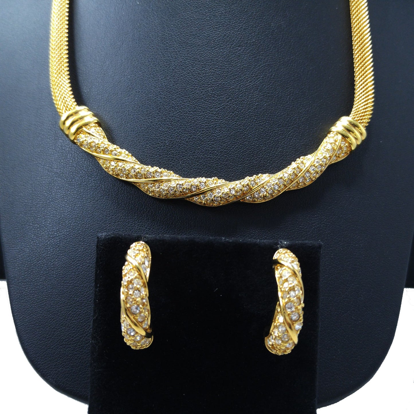 Vintage Swarovski Mesh Necklace & Earrings Set – Gold Plated with Rhinestones