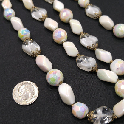 Vintage Czech White Glass Beaded Necklace, Art Glass Beads, 12K GF Clasp, 1950s Vintage Jewelry